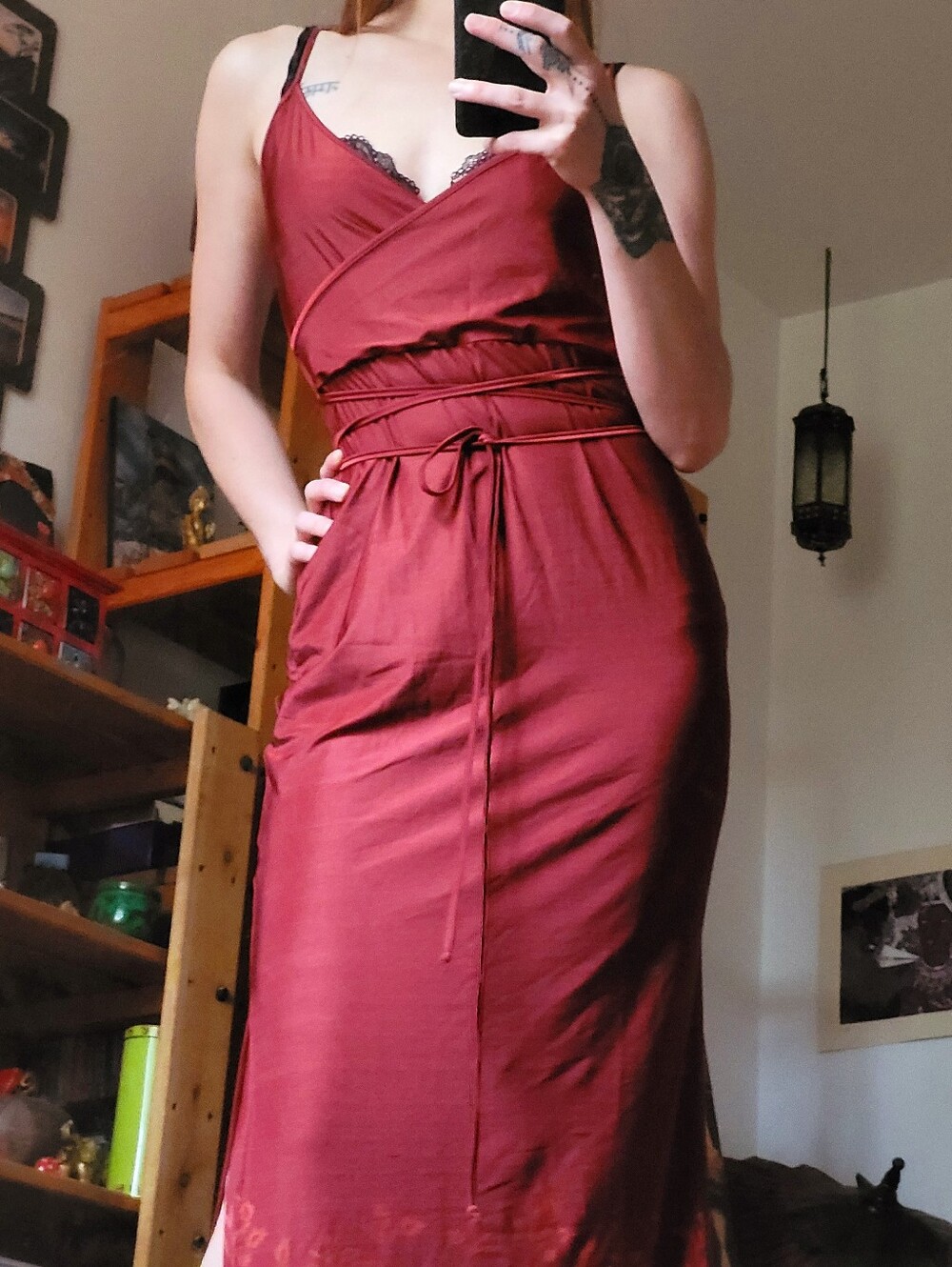 Vintage Red Maxi Floral Print Dress Boho Satiny Red - Size S - Picture 3 of 10